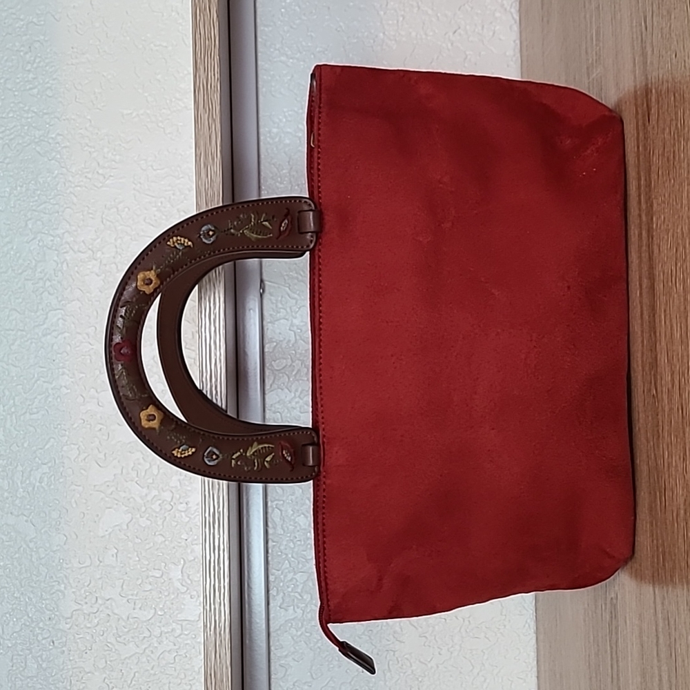 Relic red suede handbag with embroidery on handles